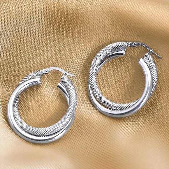 Textured 925 Silver Hoops, Double Style, Unique Stylish Earrings, Everyday Hoops - Picture 1 of 7